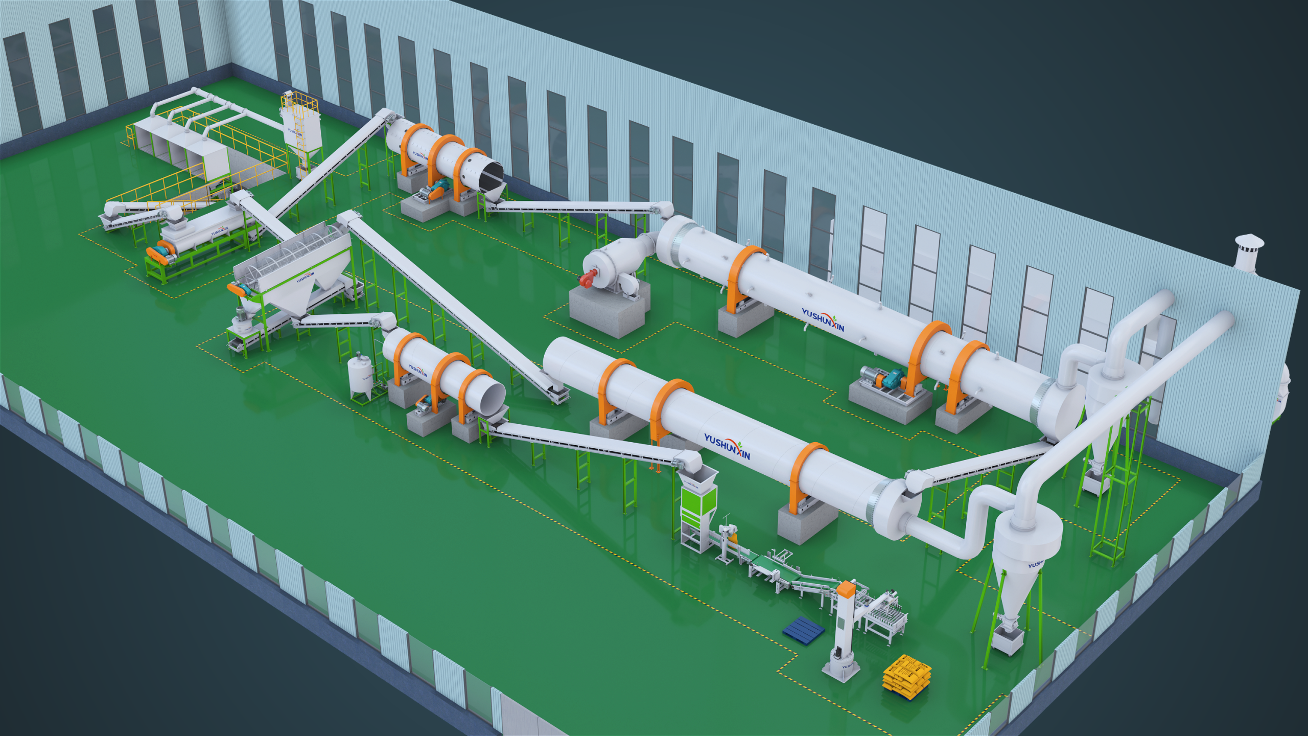 3D layout of a complete fertilizer granulation production line
